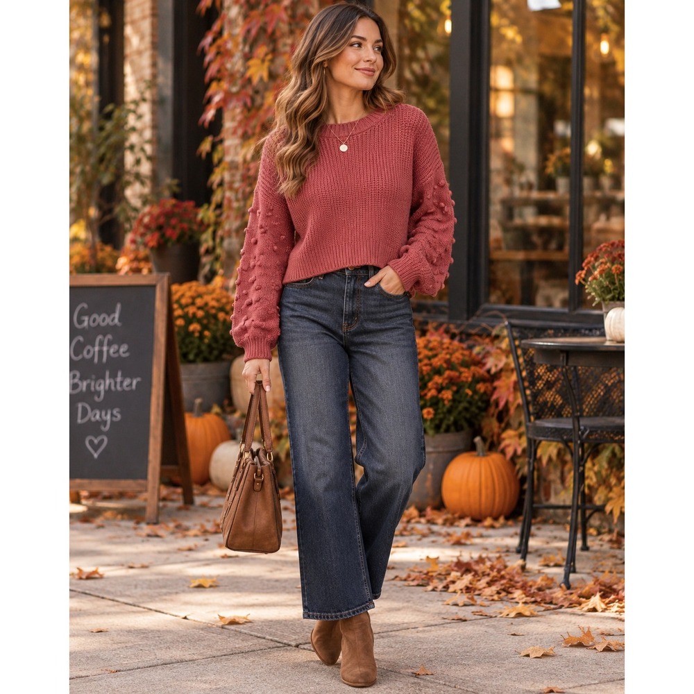 Women's Small Dusty Rose Cropped Bobble Balloon Sleeve Knit Sweater Cozy Core